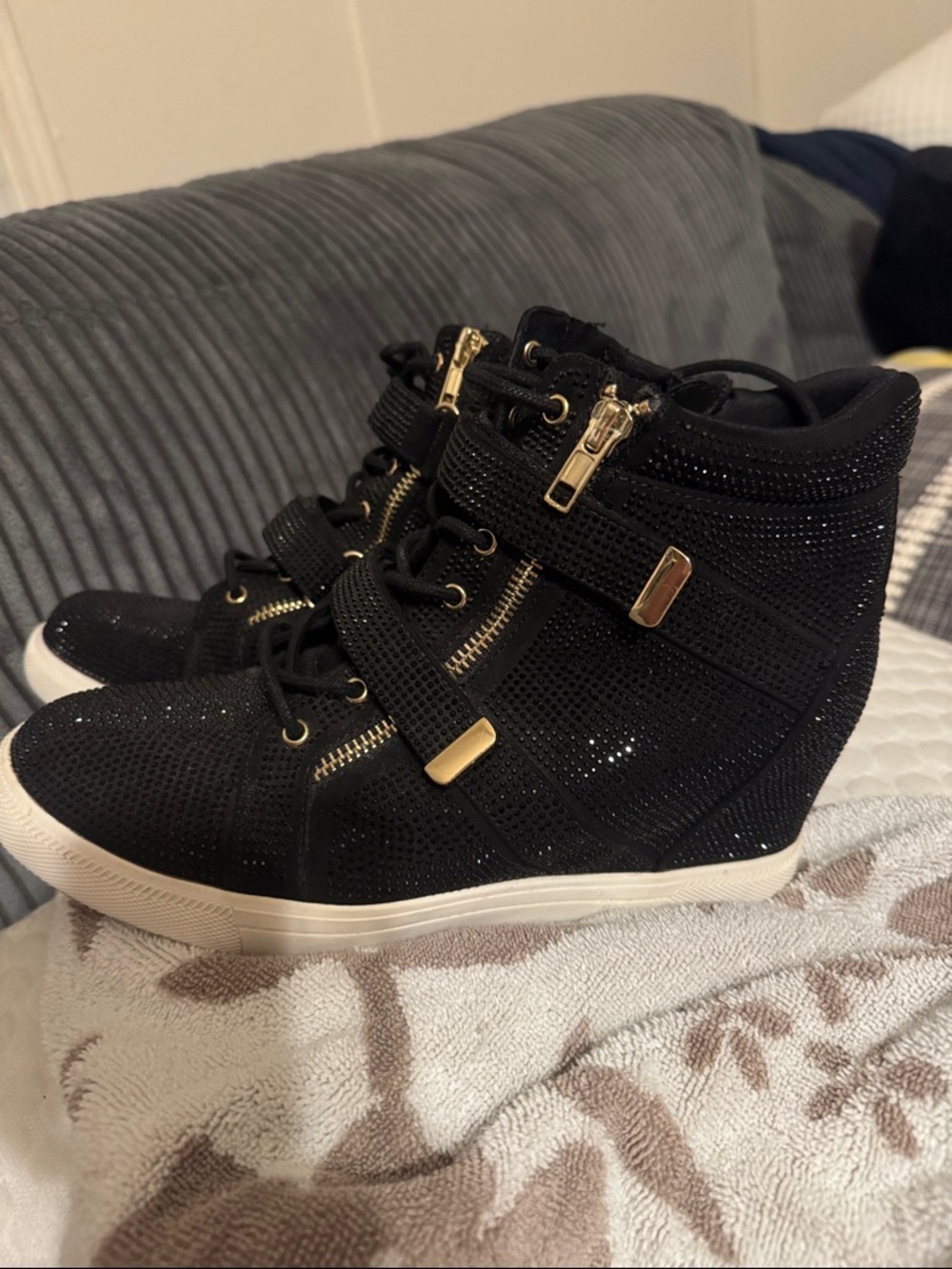INC International Concepts Black Sparkle Wedge Sneakers with Gold Trim